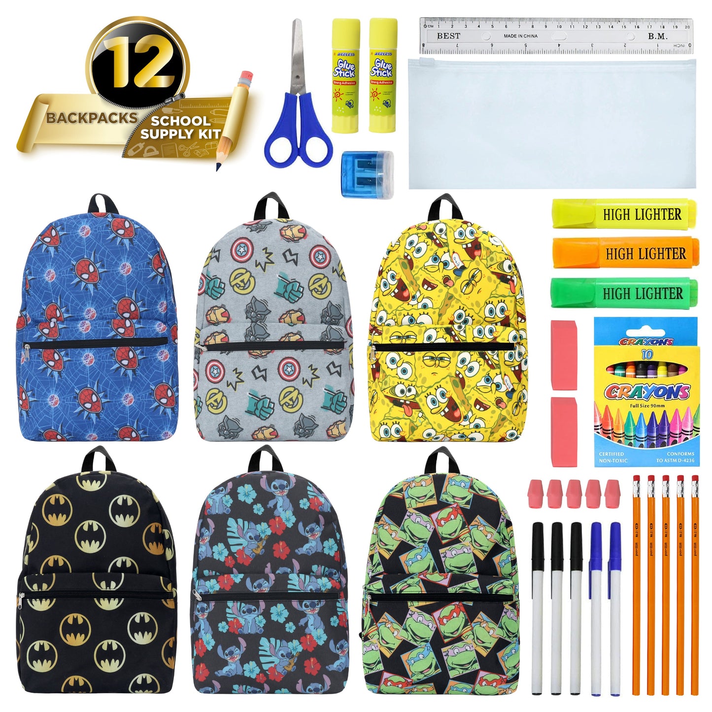 12 Wholesale 17" Licensed Character Backpacks & 12 Bulk School Supply Kits of Your Choice