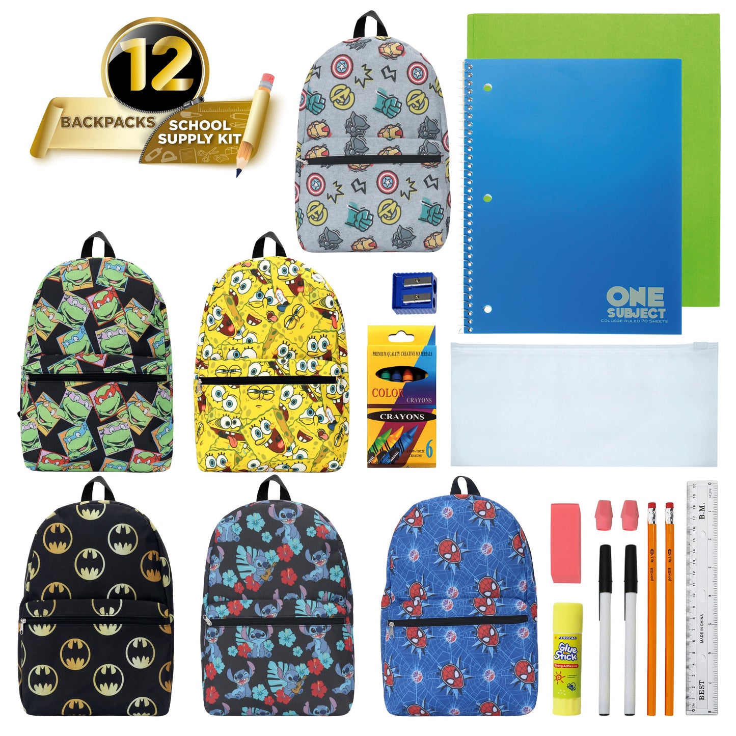 12 Wholesale 17" Licensed Character Backpacks & 12 Bulk School Supply Kits of Your Choice