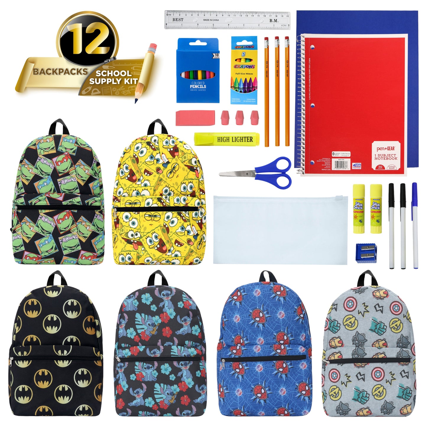 12 Wholesale 17" Licensed Character Backpacks & 12 Bulk School Supply Kits of Your Choice