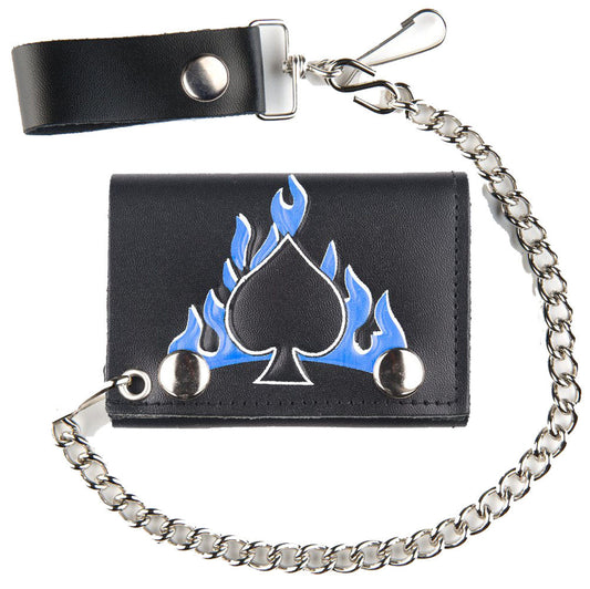 Spades Blue Flames Trifold Leather Wallet with Chain - Genuine Leather