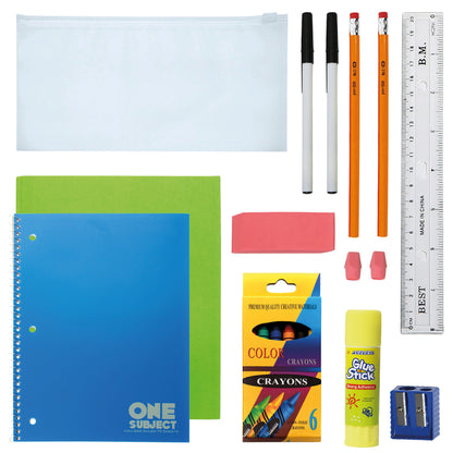 12 Wholesale 17" Bungee Backpacks in Assorted Colors & 12 Bulk School Supply Kits of Your Choice