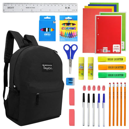 12 Black Wholesale Track Brand 17" Backpacks and 12 School Supply Kits of Your Choice