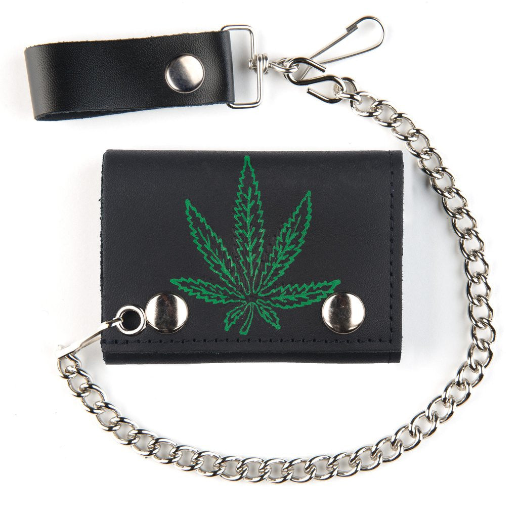 Marijuana Pot Leaf Trifold Leather Wallet with Chain - Genuine Leather