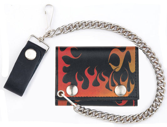 Fire Flames Trifold Leather Wallet with Chain - Genuine Leather