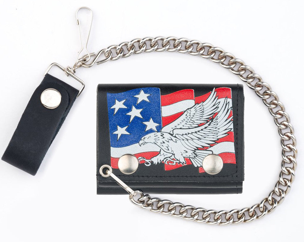 USA Flag Flying Eagle Trifold Leather Wallet with Chain - Genuine Leather, High-Quality American