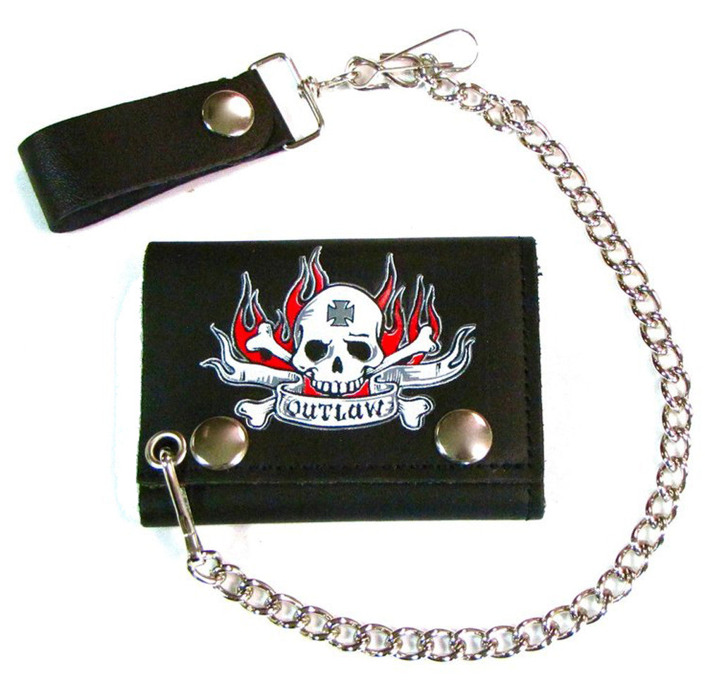 Outlaw Skull Flames Trifold Leather Wallet with Chain