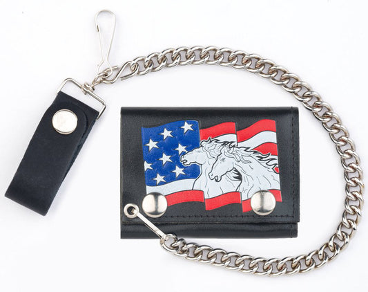 USA Flag Horses Trifold Leather Wallet with Chain - Genuine Leather, High-Quality American Made