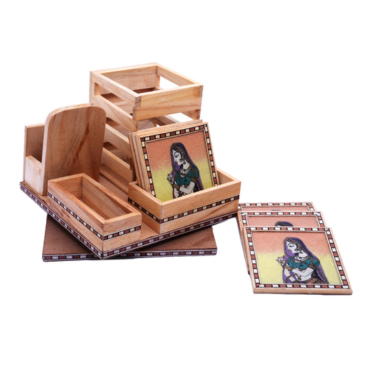 Wooden Office Set with Beautiful Tea Coaster - 7x7 Inch