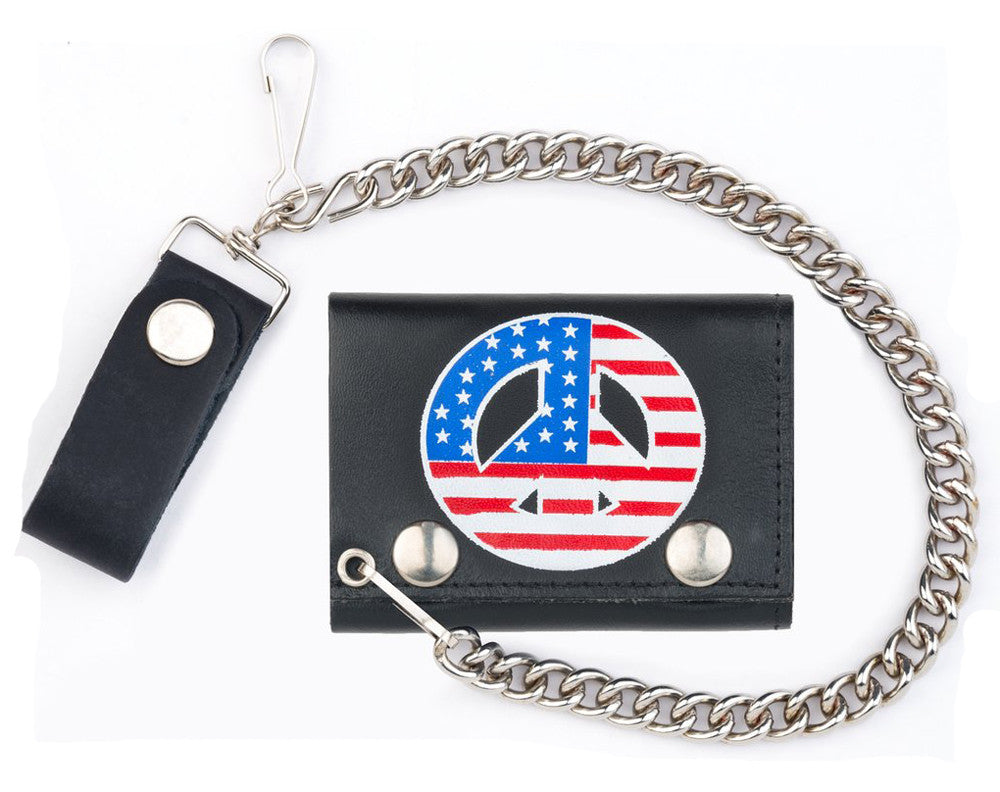 USA Peace Sign Trifold Leather Wallet with Chain - Genuine Leather, American Made - NoveltiesMart.com Wholesale