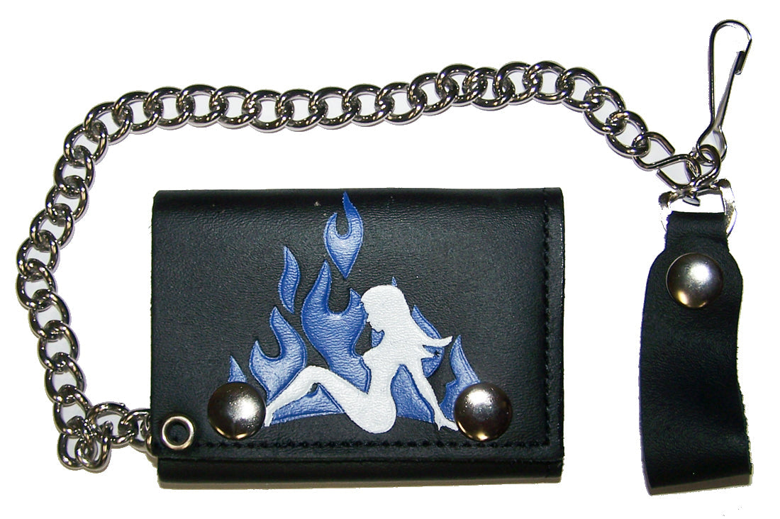 Trucker Mudflap Girl Blue Flames Trifold Leather Wallet with Chain