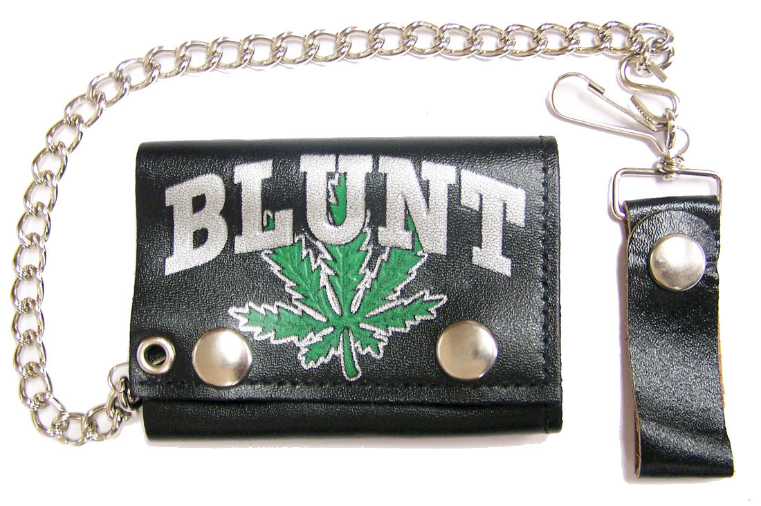 Blunt Marijuana Pot Leaf Trifold Leather Wallet with Chain - Genuine Leather