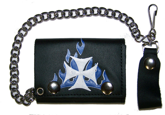 Iron Cross Blue Flames Trifold Leather Wallet with Chain