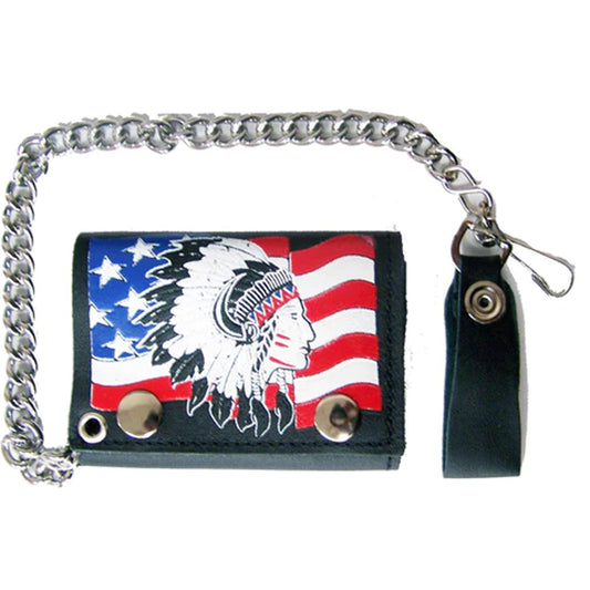 American Flag Indian Chief Trifold Leather Wallet with Chain