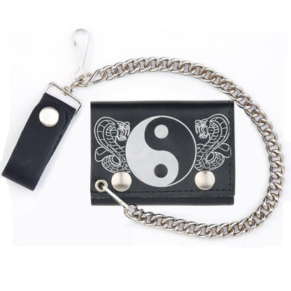 Yin Yang Cobra Snakes Trifold Leather Wallets with Chain