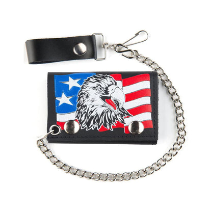 USA Patriot Eagle Trifold Leather Wallets with Chain Bulk