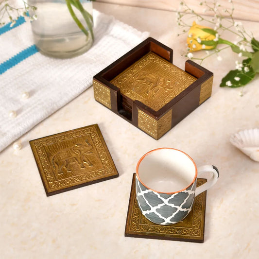 Wholesale Wooden Coaster Set with Brass Elephant Inlay