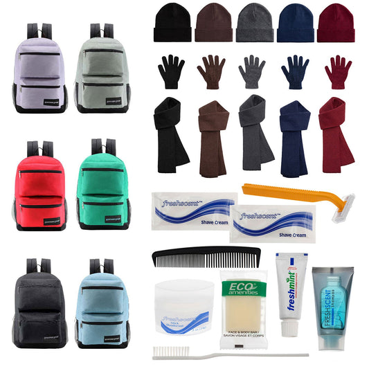 Bulk Case of 12 Backpacks and 12 Winter Item Sets and 12 Hygiene Kits - Wholesale Care Package - Emergencies, Homeless, Charity