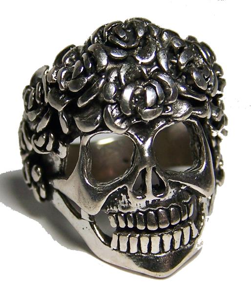 Skull with Roses Head Biker Ring – Sterling Silver Plated