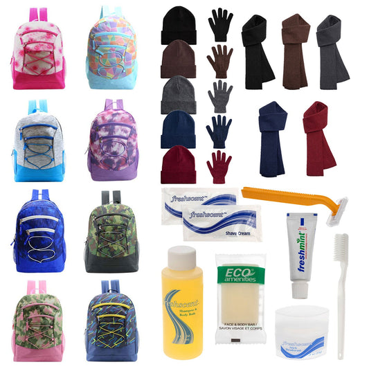 Bulk Case of 12 Backpacks and 12 Winter Item Sets and 12 Hygiene Kits - Wholesale Care Package - Emergencies, Homeless, Charity