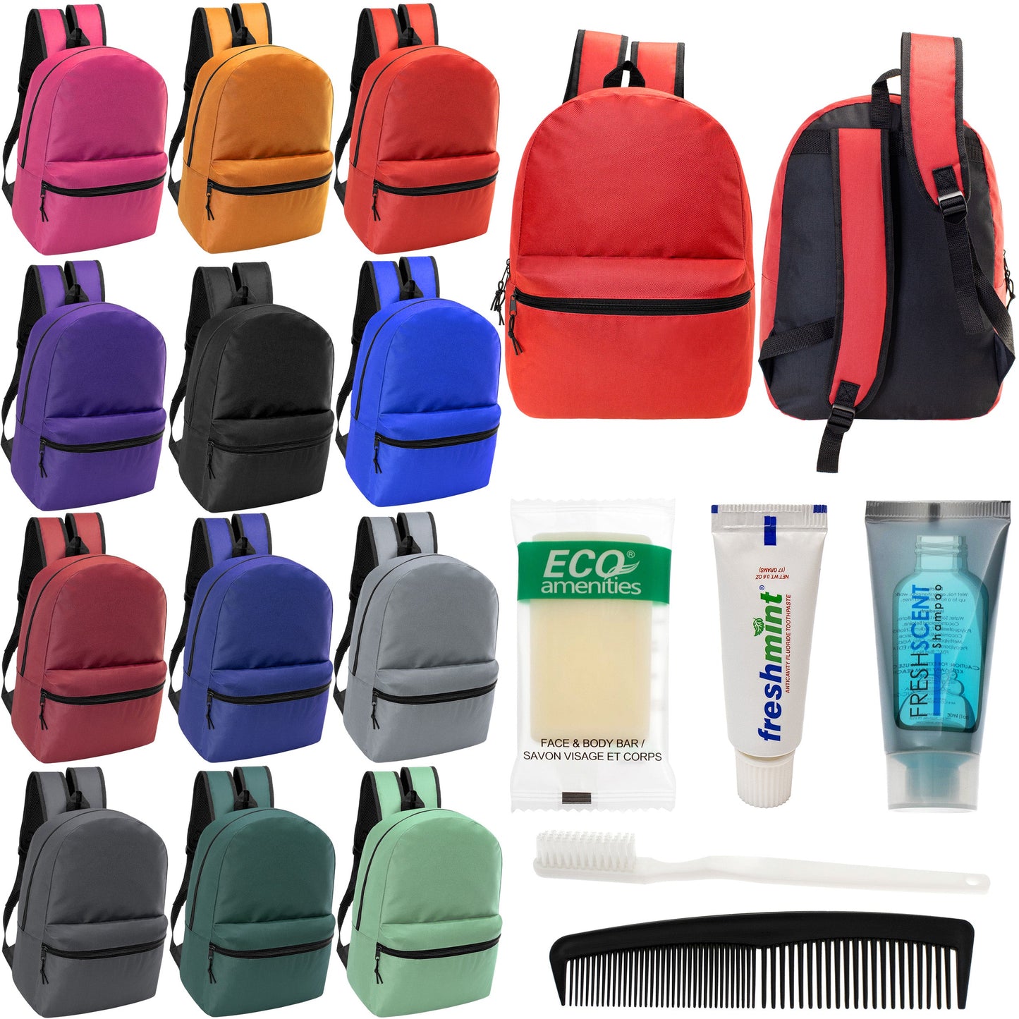 12 Basic 18.5" Backpacks in 12 Assorted Colors & Your Choice of 12 Bulk Hygiene Kits - Wholesale Care Package: Homeless, Emergency, Charity