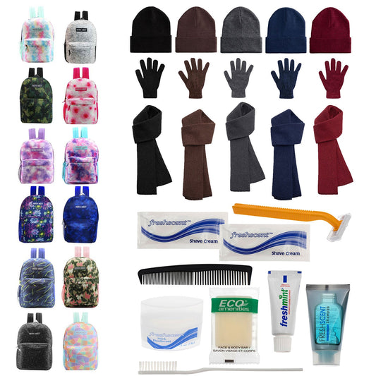 Bulk Case of 12 Backpacks and 12 Winter Item Sets and 12 Hygiene Kits - Wholesale Care Package - Emergencies, Homeless, Charity