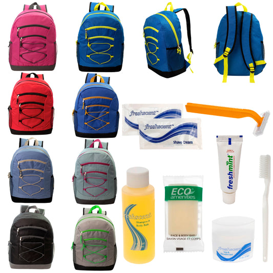 12 Bungee 17" Backpacks in 8 Colors & Your Choice of 12 Bulk Hygiene Kits - Wholesale Care Package: Homeless, Emergency, Charity