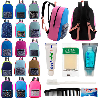 12 17" Backpacks in Assorted Random Prints & Your Choice of 12 Bulk Hygiene Kits - Wholesale Care Package: Homeless, Emergency, Charity