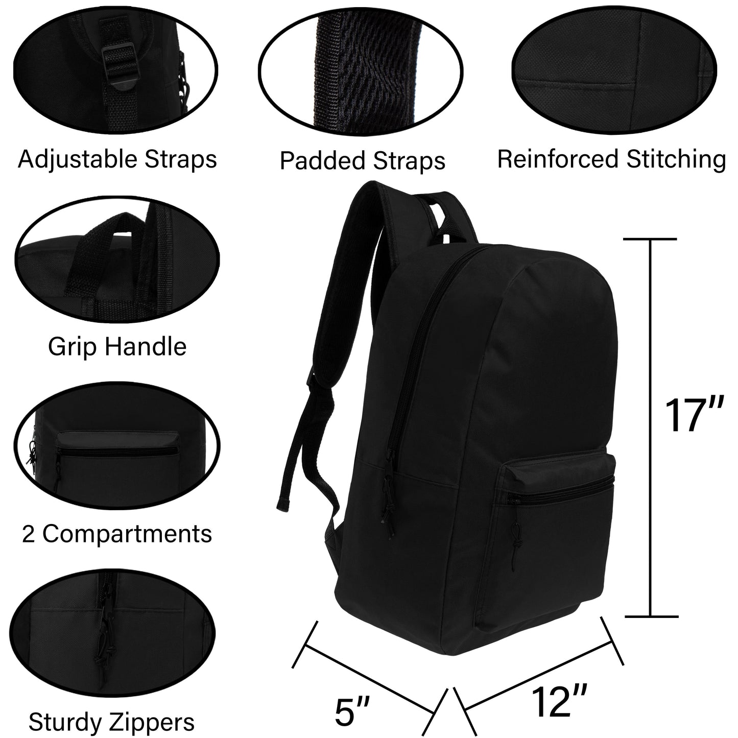 17" Kids Basic Wholesale Backpack in Black - Bulk Case of 24