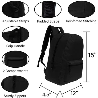 15" Kids Basic Wholesale Backpack in Black - Bulk Case of 24