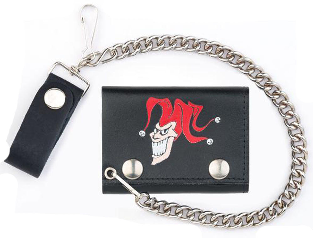 Joker Jester Clown Trifold Leather Wallet with Chain - Genuine Leather, High-Quality American Made