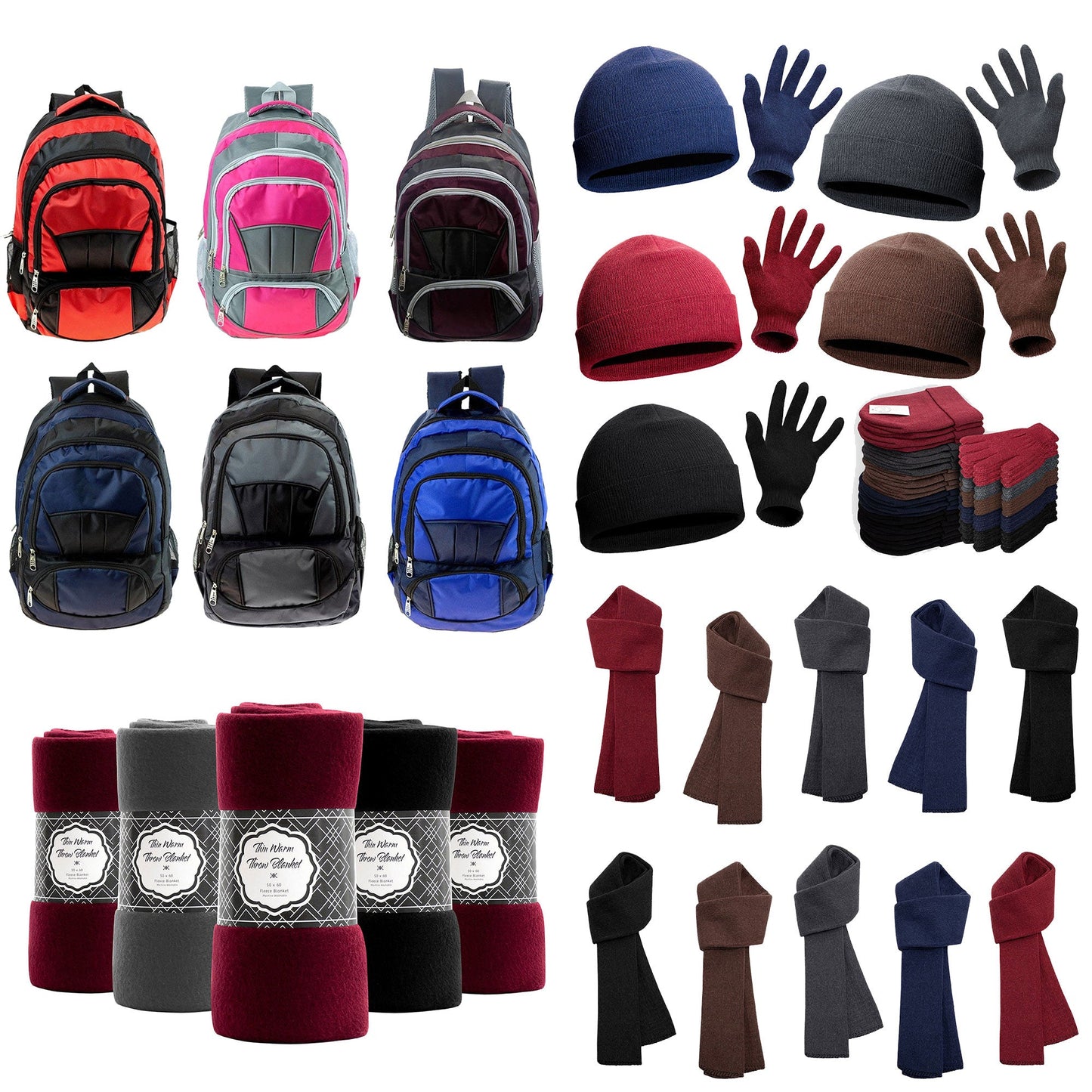 12 Premium 16" Backpacks & Your Choice of 12 Bulk Winter Item Sets - Wholesale Care Package: Homeless, Emergency, Charity