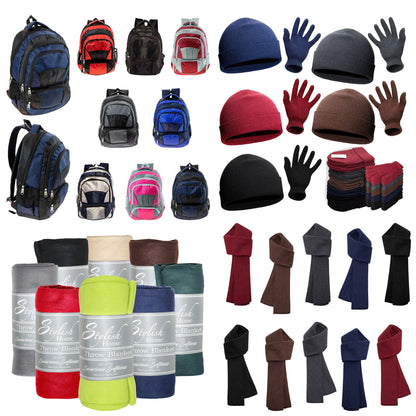 12 19" Premium 4 Pocket Backpacks & Your Choice of 12 Bulk Winter Item Sets - Wholesale Care Package: Homeless, Emergency, Charity