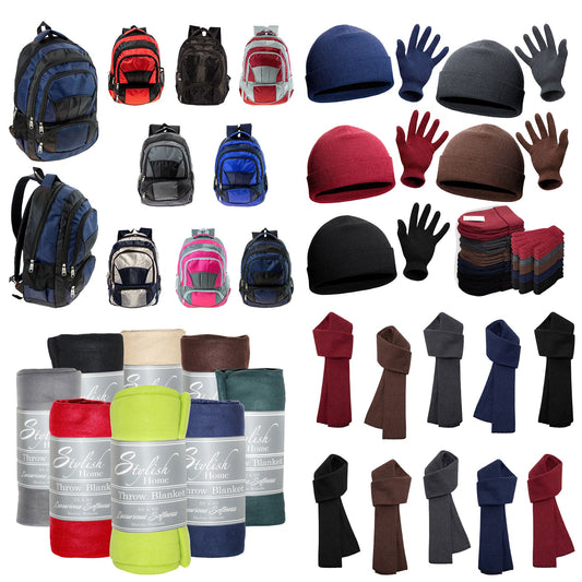 12 19" Premium 4 Pocket Backpacks & Your Choice of 12 Bulk Winter Item Sets - Wholesale Care Package: Homeless, Emergency, Charity