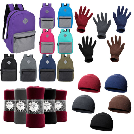 12 Bulk 17" Multi-Color Diamond Patch Backpacks & Your Choice of 12 Winter Item Sets - Wholesale Care Package: Homeless, Emergency, Charity