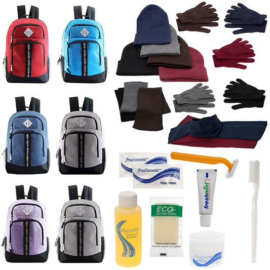 Bulk Case of 12 18" Backpacks and 12 Winter Item Sets and 12 Hygiene Kits - Wholesale Care Package - Emergencies, Homeless, Charity