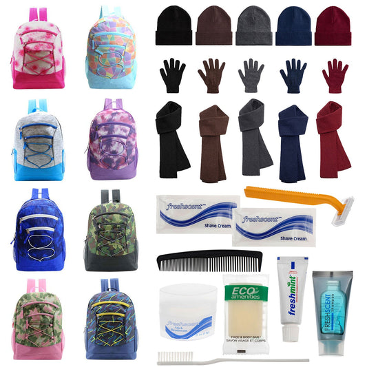 Bulk Case of 12 Backpacks and 12 Winter Item Sets and 12 Hygiene Kits - Wholesale Care Package - Emergencies, Homeless, Charity